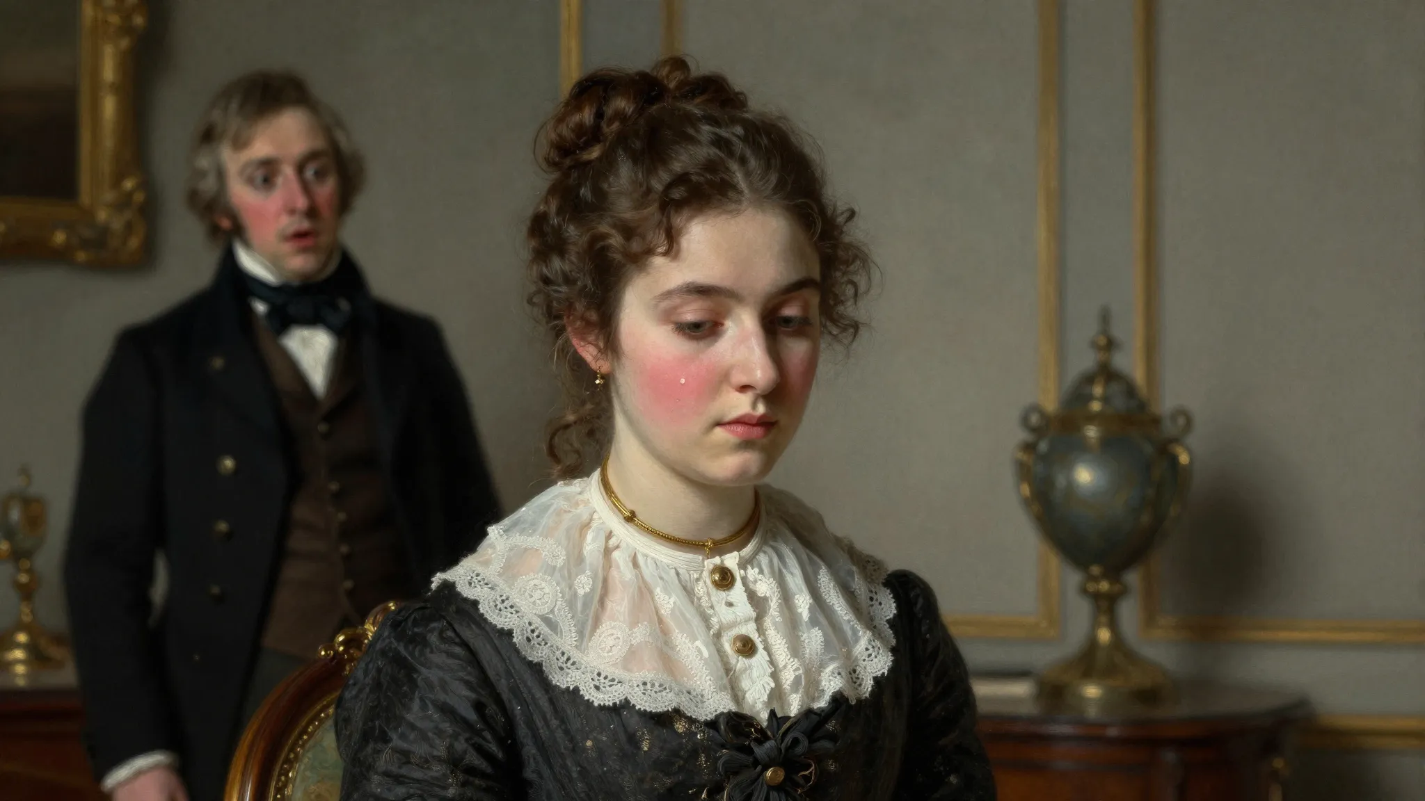 Oil painting style, 19th century Moscow interior, a young wo...