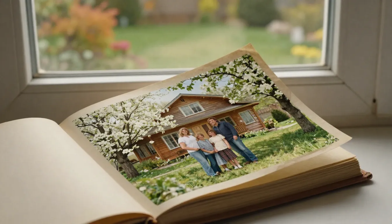 A close-up of an old photo album lying on a window sill. The...