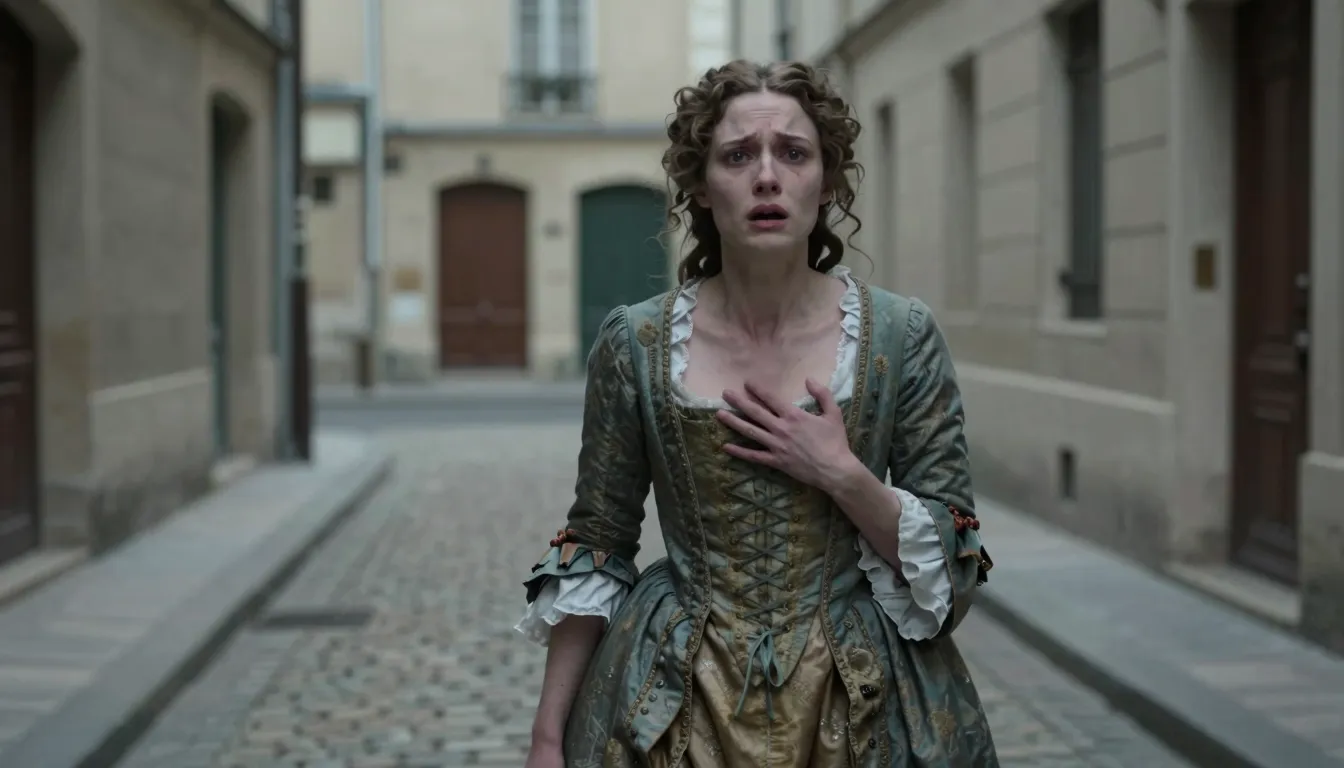 A beautiful young woman in a 17th-century French gown, pale ...
