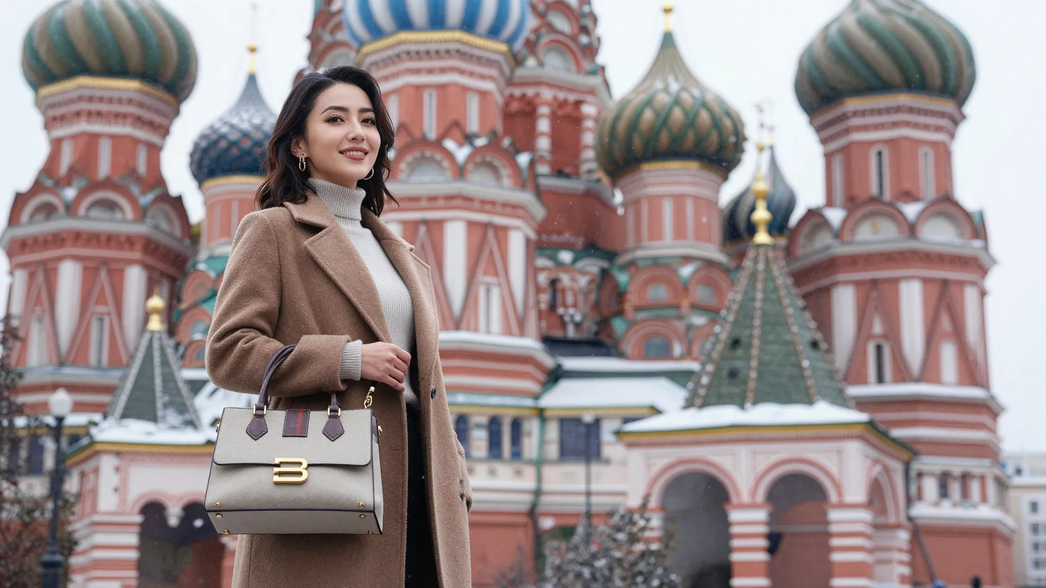 A stylish Kyrgyz woman standing in front of Saint Basil's Ca...
