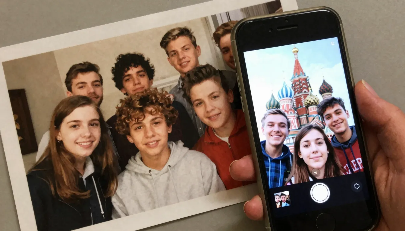 A nostalgic scene of a group of friends' old school photo ly...