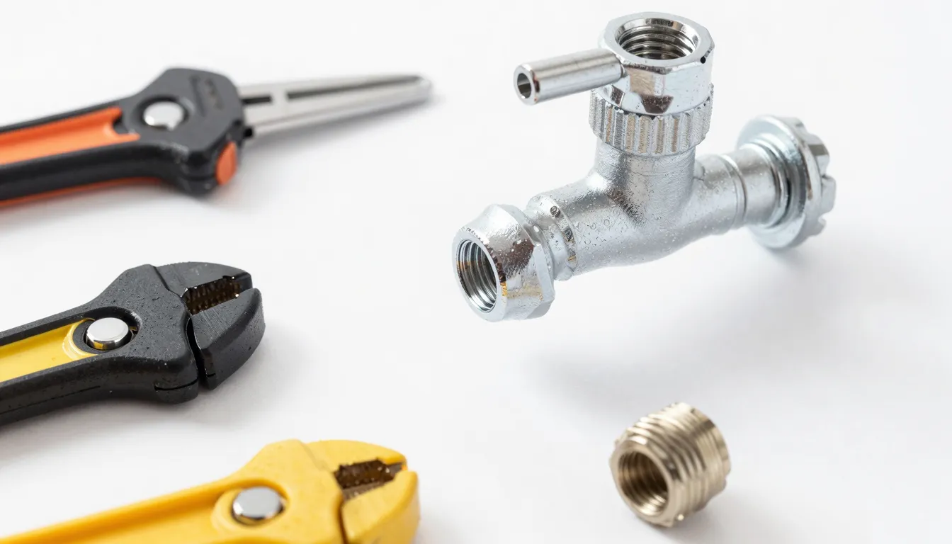 Close-up of professional plumbing tools and a new shiny fauc...