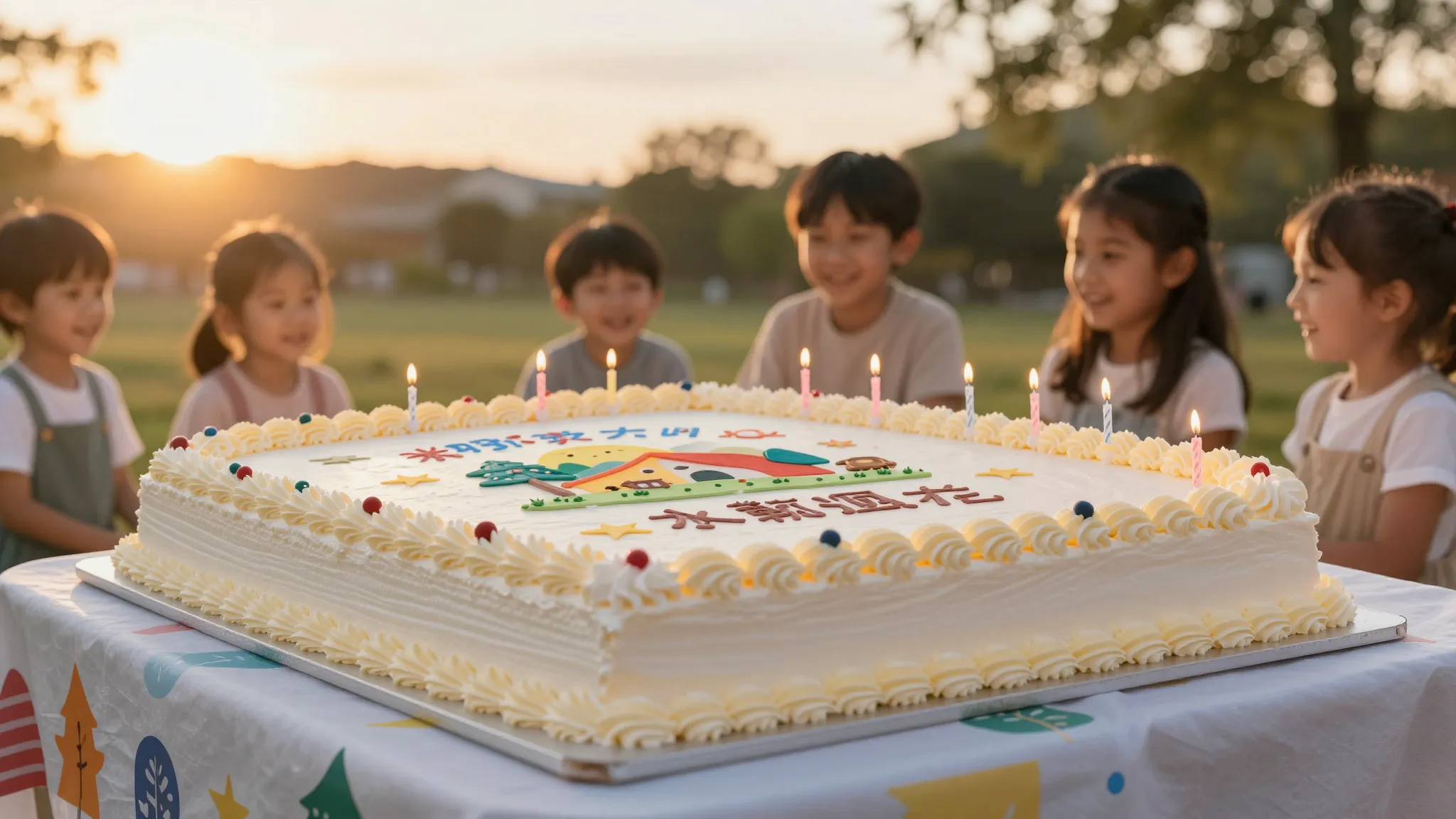 A giant festive cake with candles and the logo of a children...