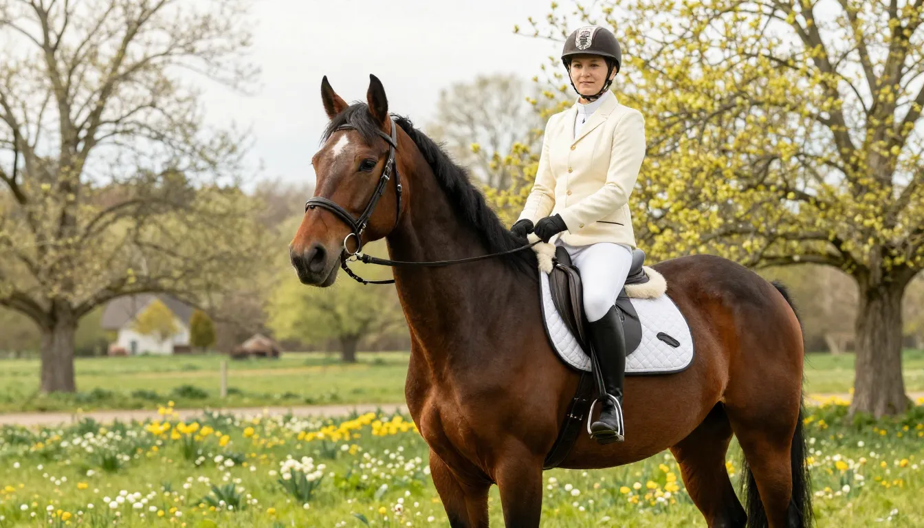 A beautiful horse with a rider, posing in a field with early...