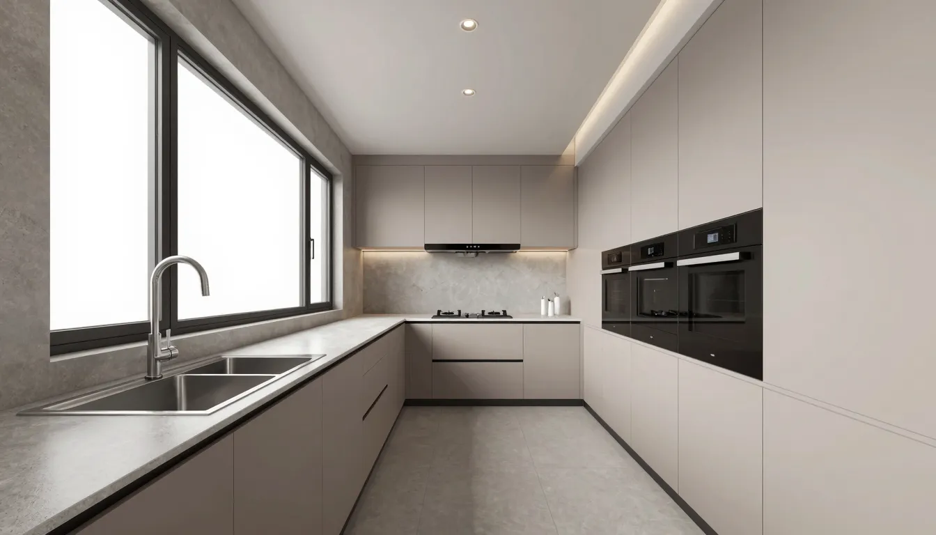 A realistic 3D render of a long narrow kitchen, 3 meters wid...