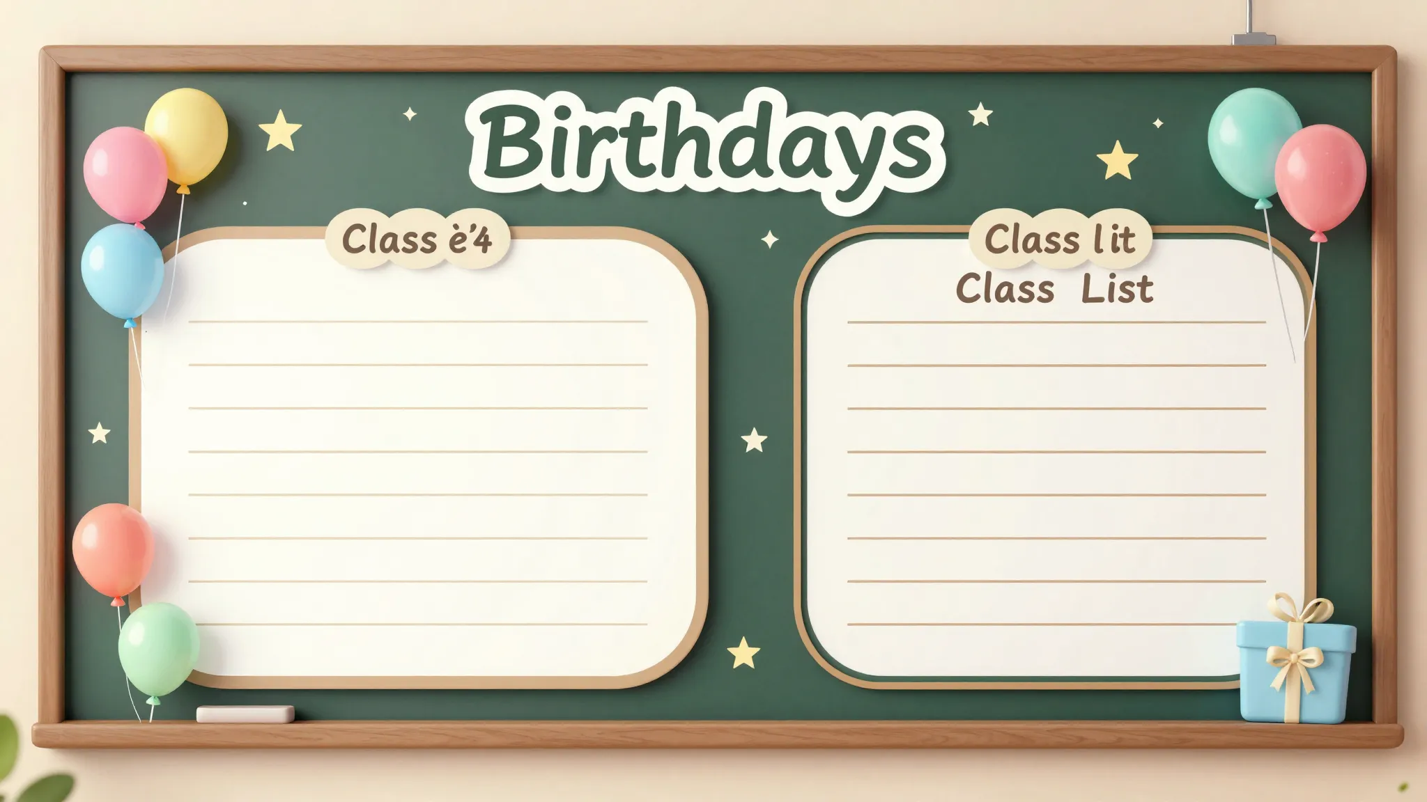 School bulletin board template for 'Birthdays' and 'Class Li...
