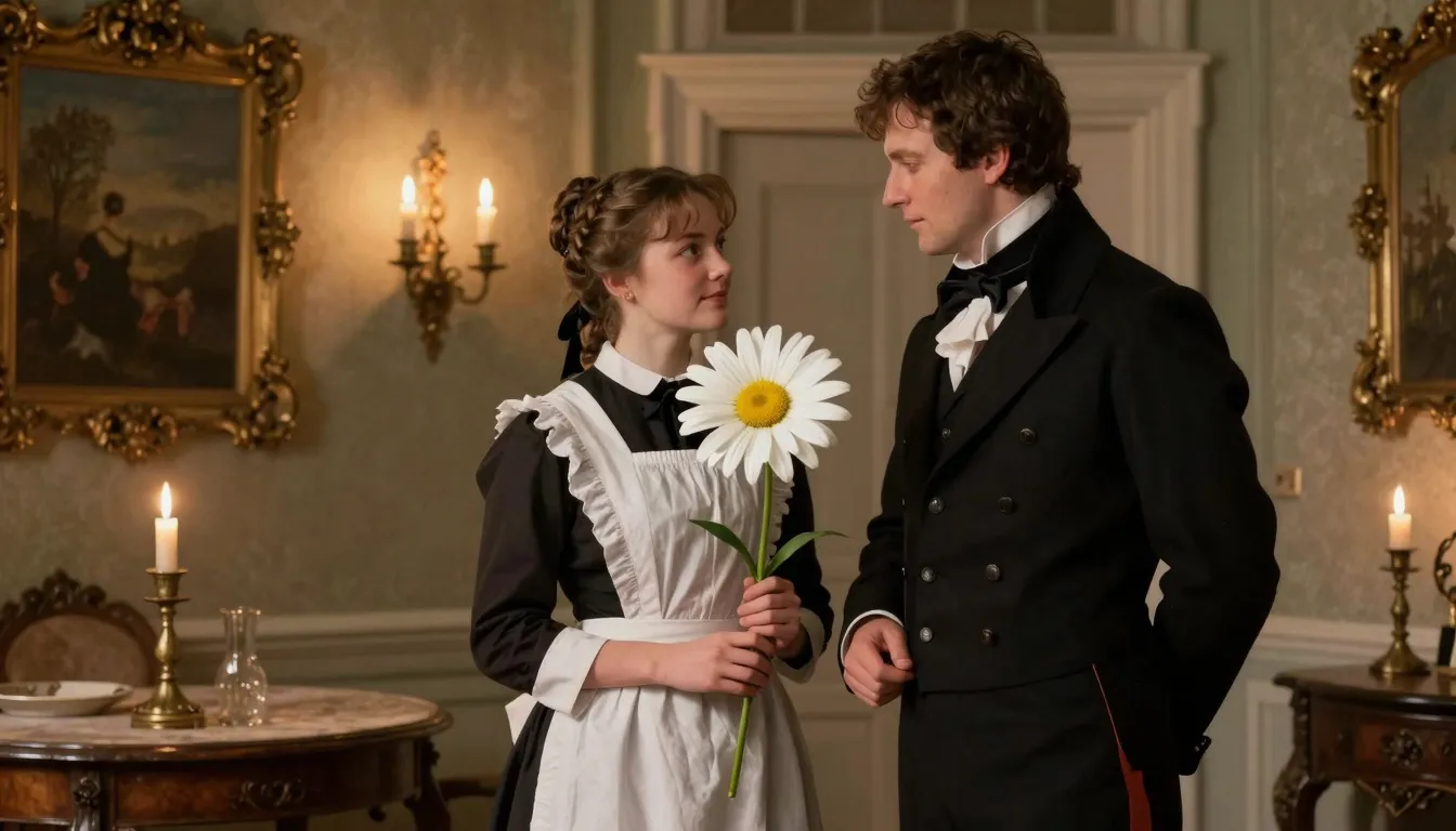 A romantic scene in a 19th-century Russian manor, a young ma...