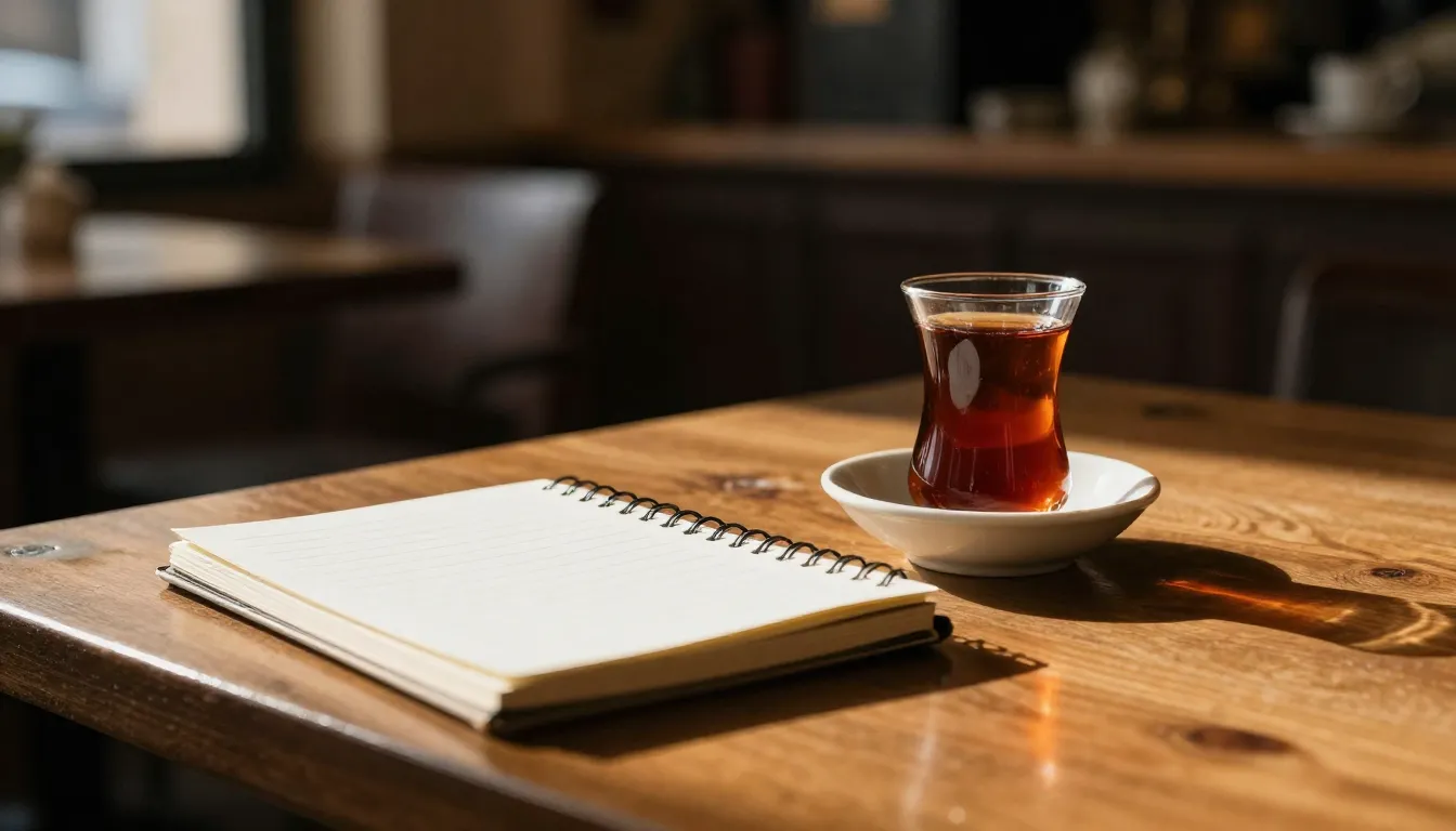 A cozy Turkish cafe interior with a notebook and a cup of te...