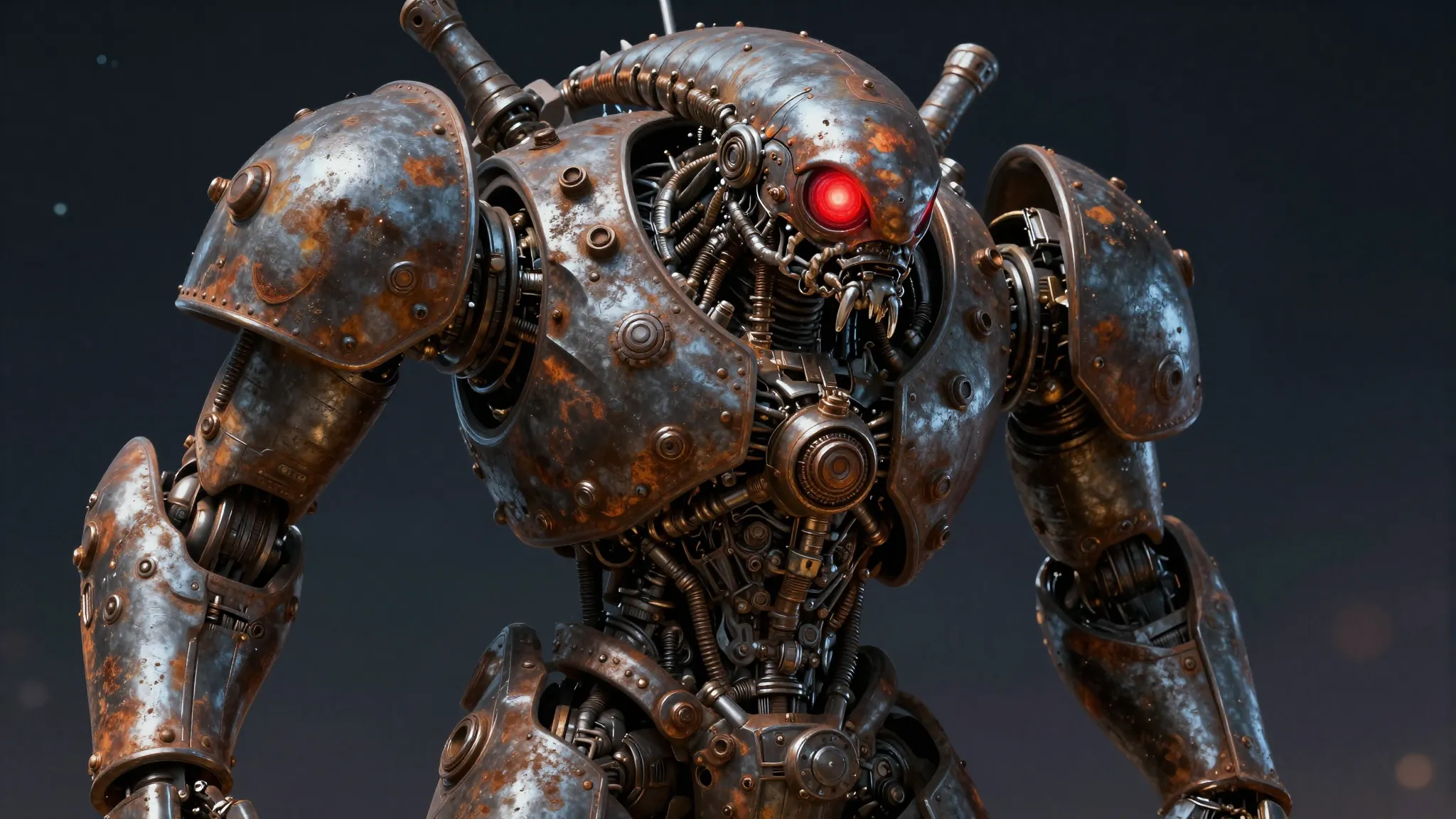 Menacing rusty mechanical alien robots, bulky industrial des...