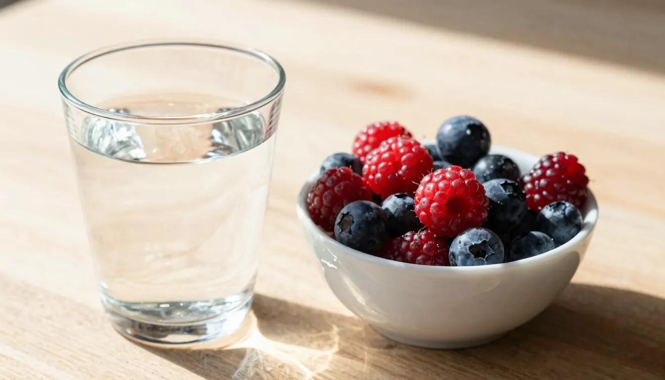 A glass of pure water next to a bowl of fresh berries on a w...