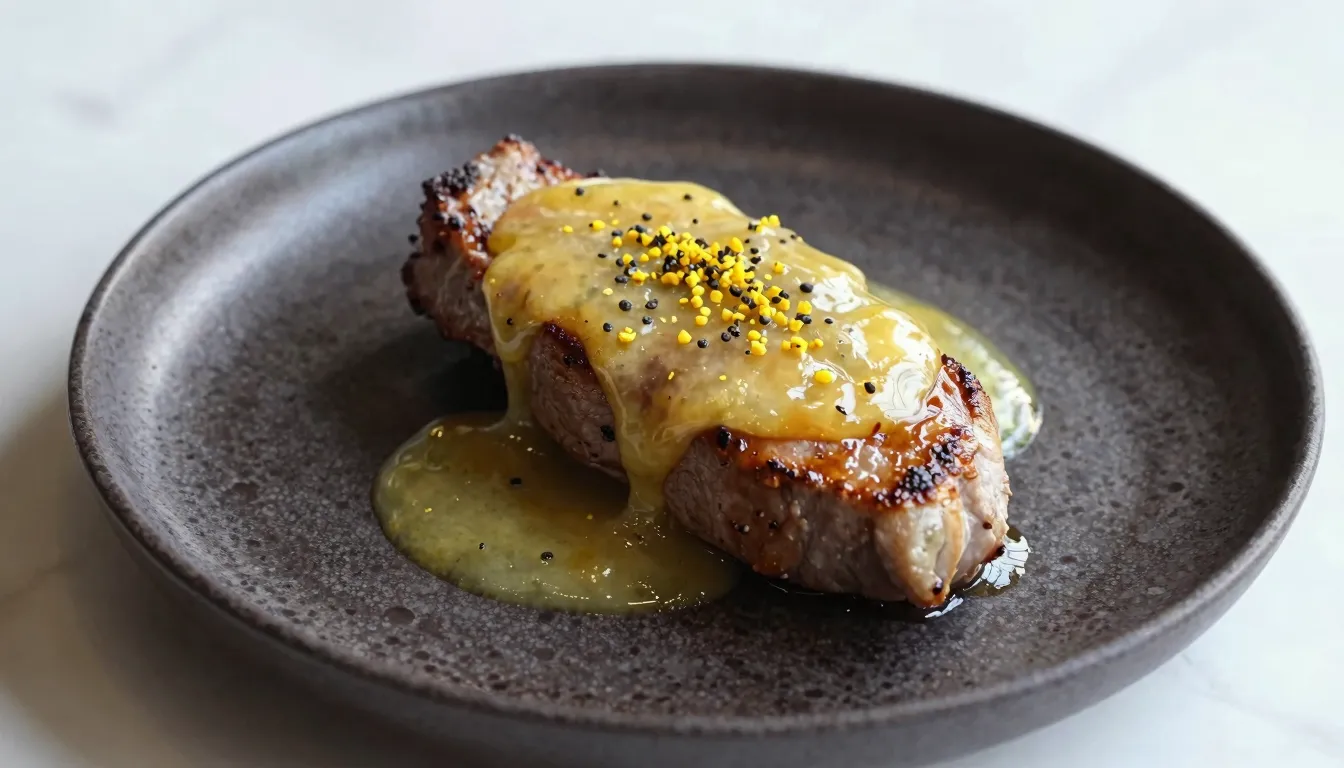Gourmet dish of pork tenderloin with a thick lemon jam glaze...