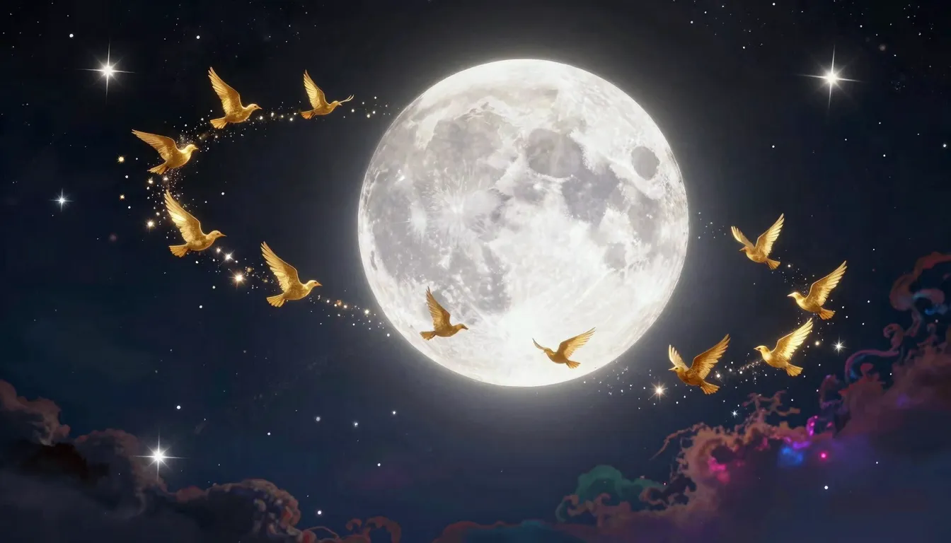 Cinematic shot of a magical night, huge glowing white moon, ...