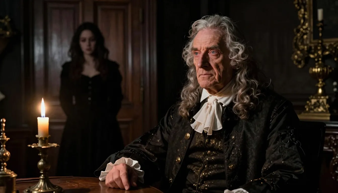 A stern elderly French Baron in a dark 17th-century study, l...