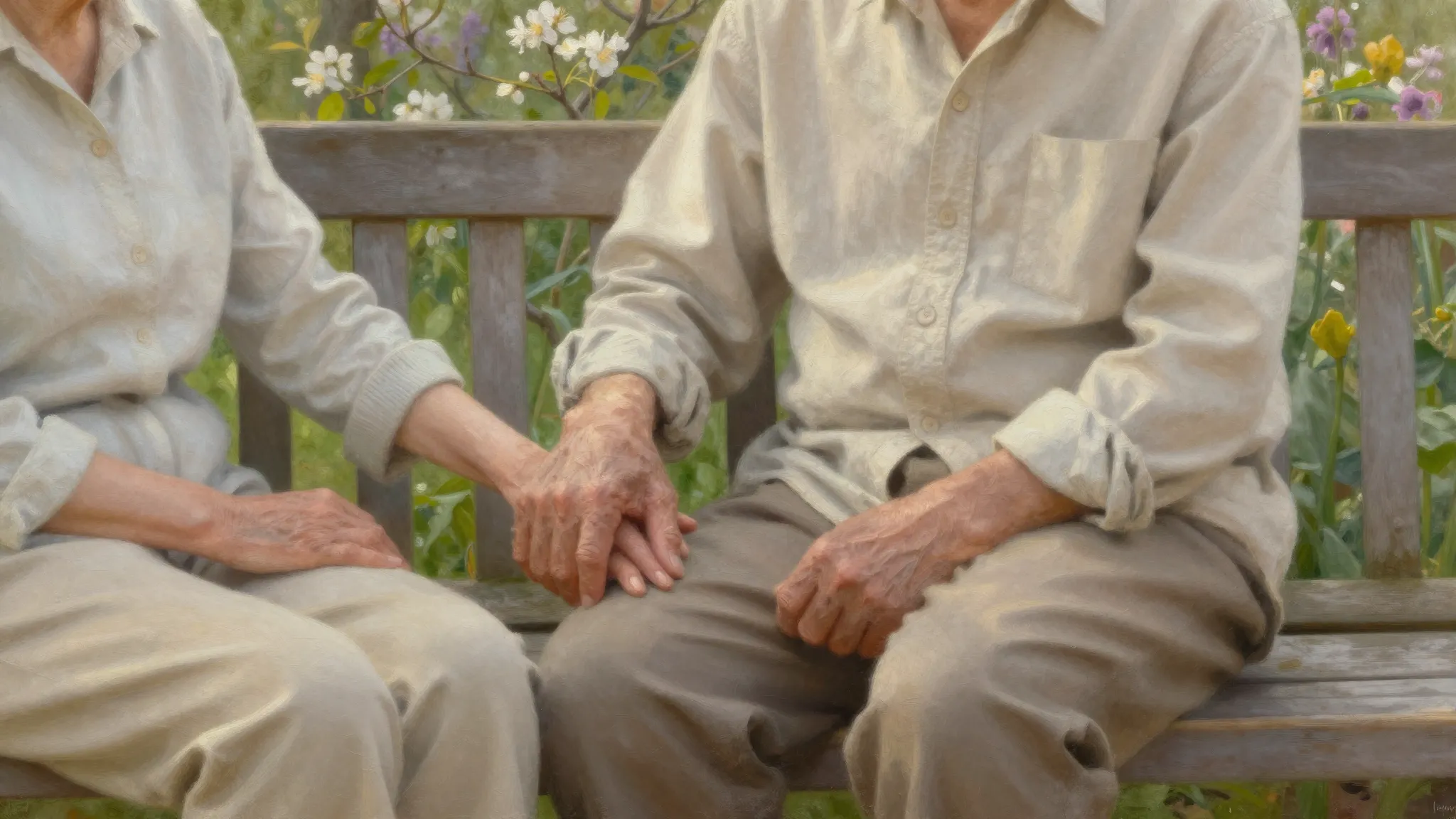 A warm, nostalgic scene of an elderly couple sitting on a wo...