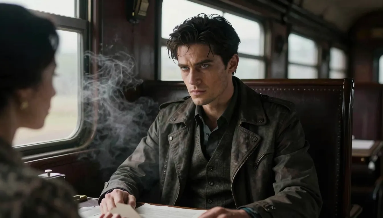 A ruggedly handsome man with dark hair and intense, wolf-lik...