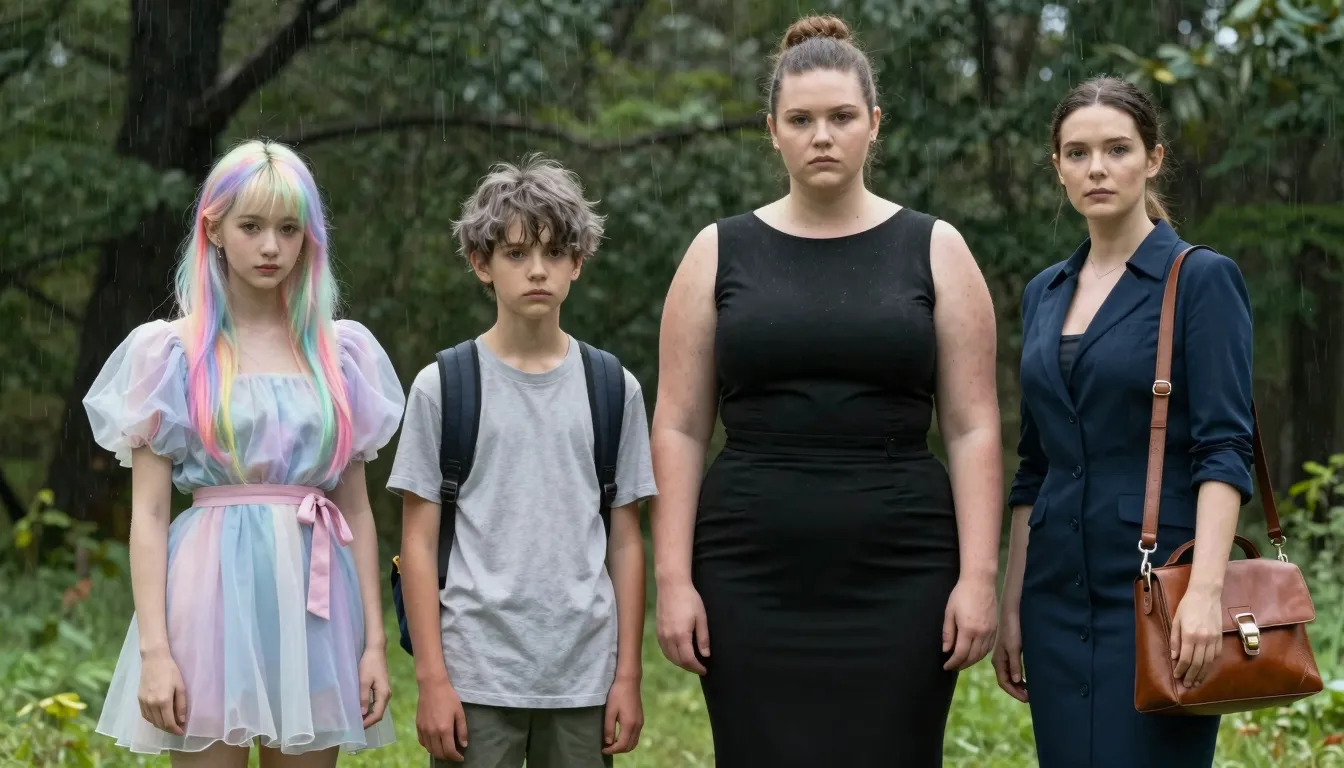 Full body shot of four diverse people: a delicate youth with...
