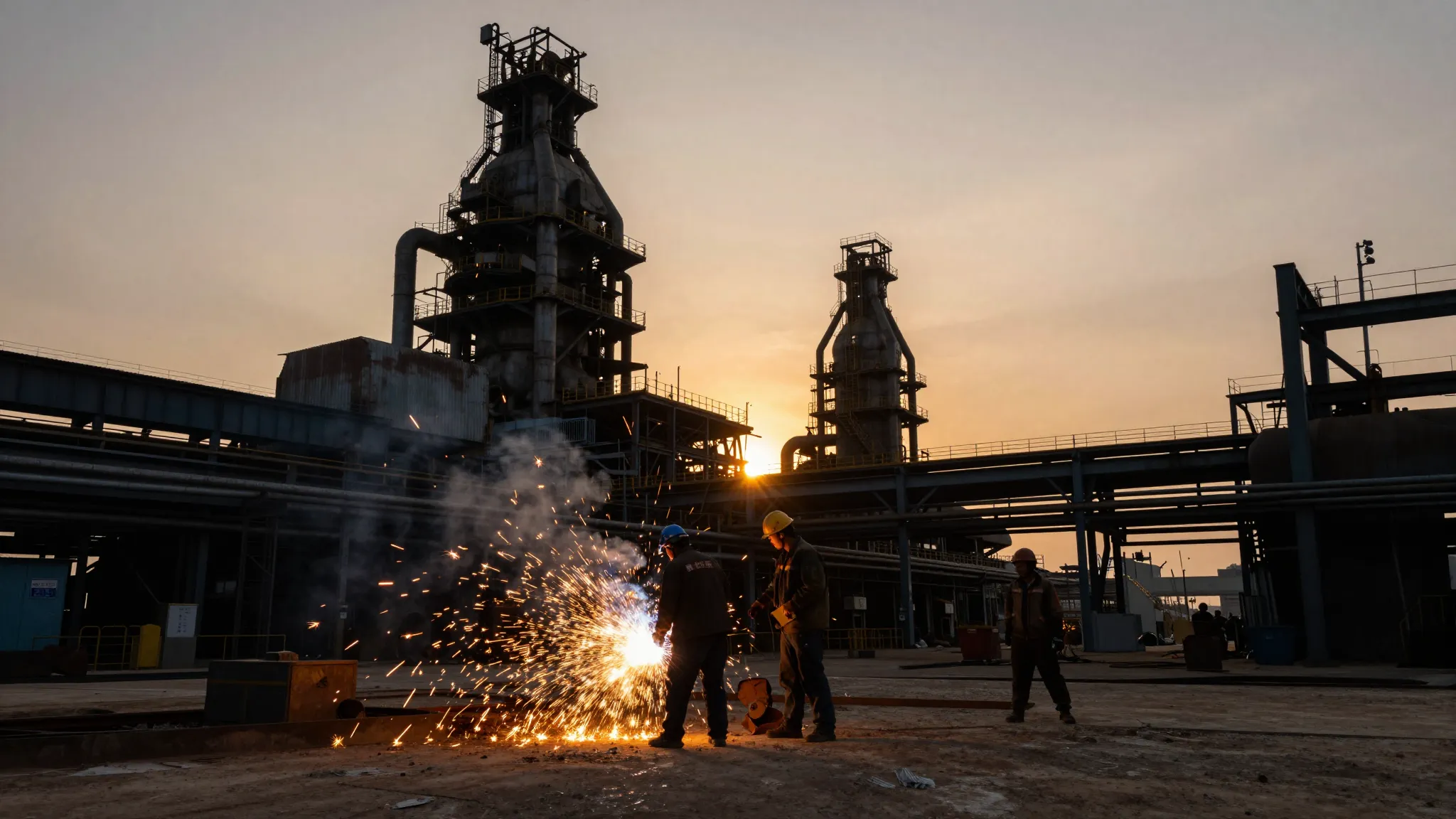 A powerful industrial scene at sunset with massive steel str...