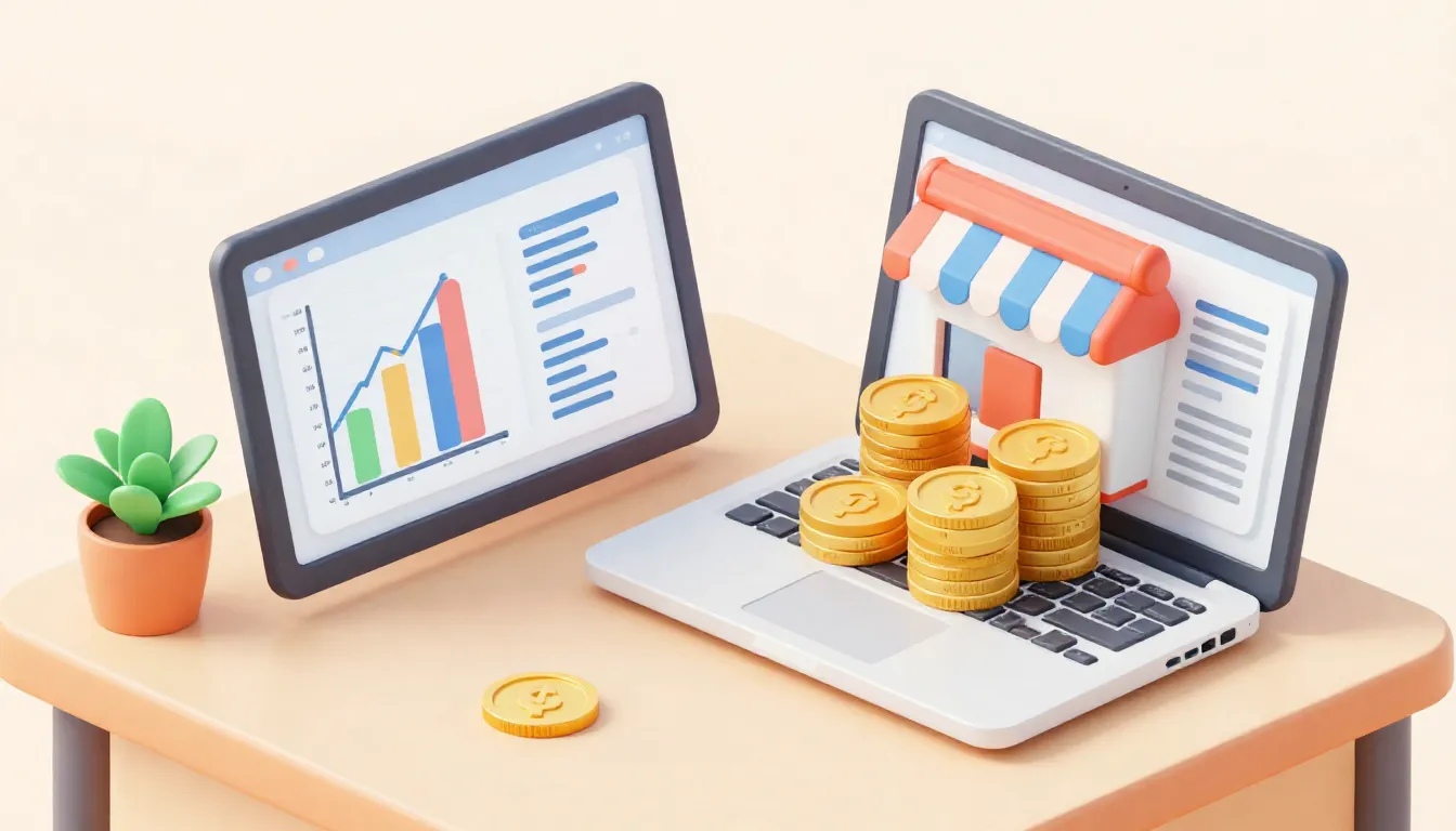 A professional workspace with a laptop showing business char...