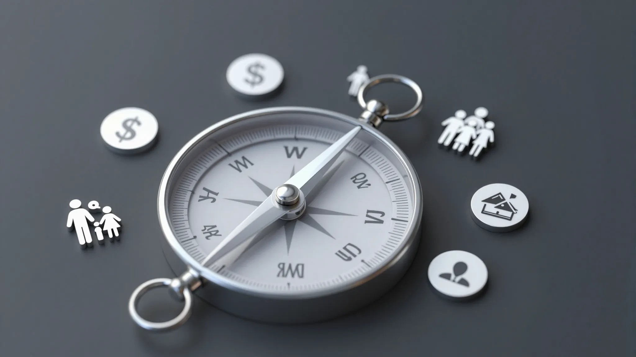A conceptual image of a compass pointing towards different i...
