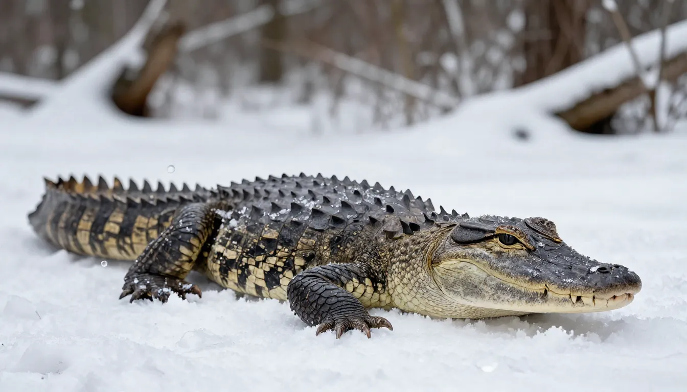 A 2-meter long alligator lying on white snow, looking grumpy...