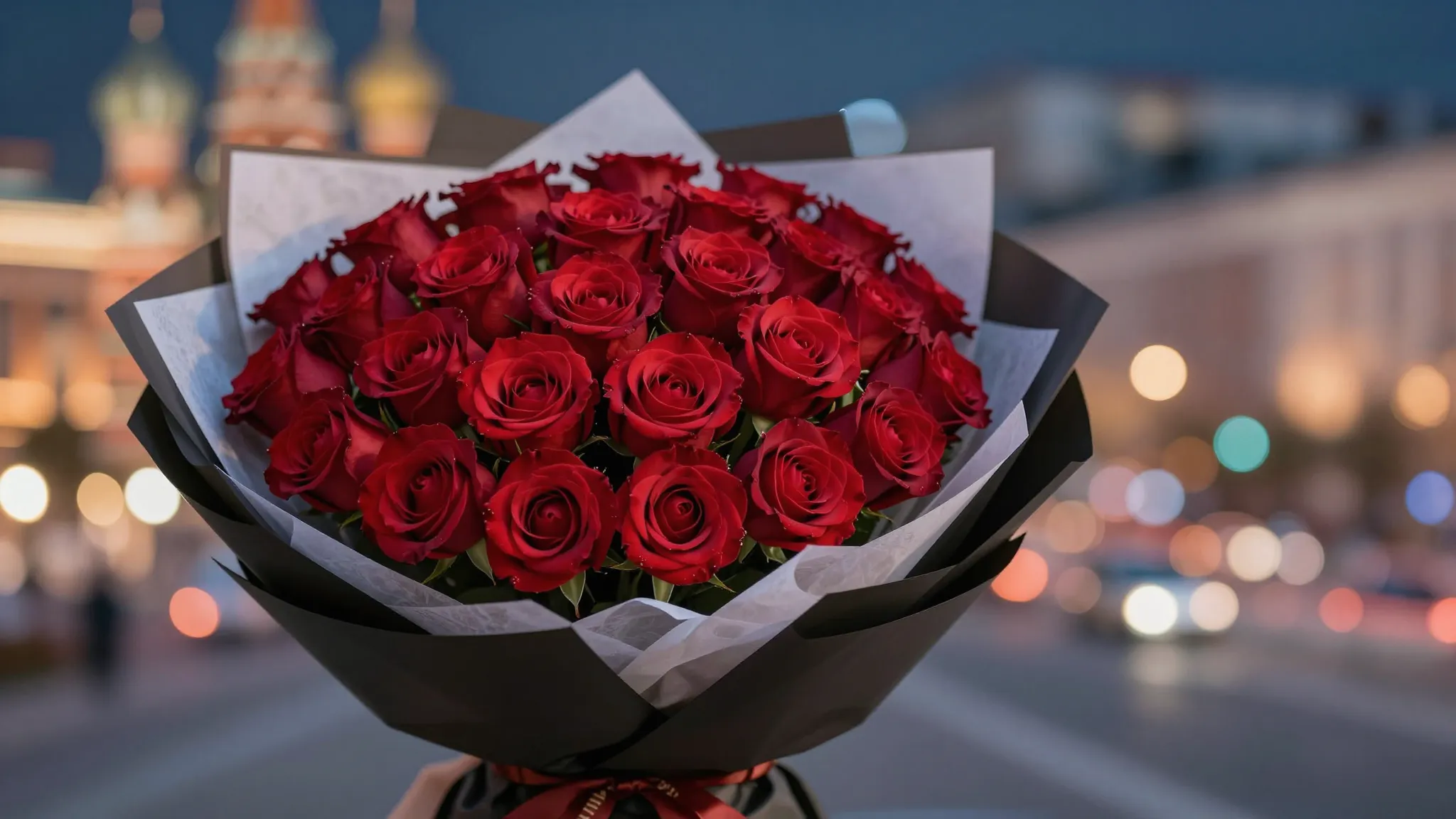 A luxurious bouquet of 49 dark red roses in a stylish wrappi...