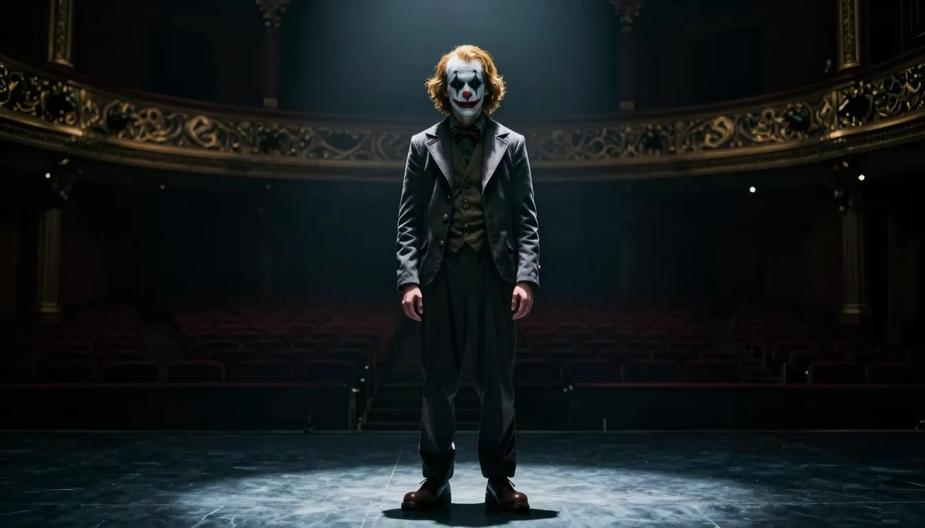 A cinematic shot of a lonely clown standing on a dark stage ...