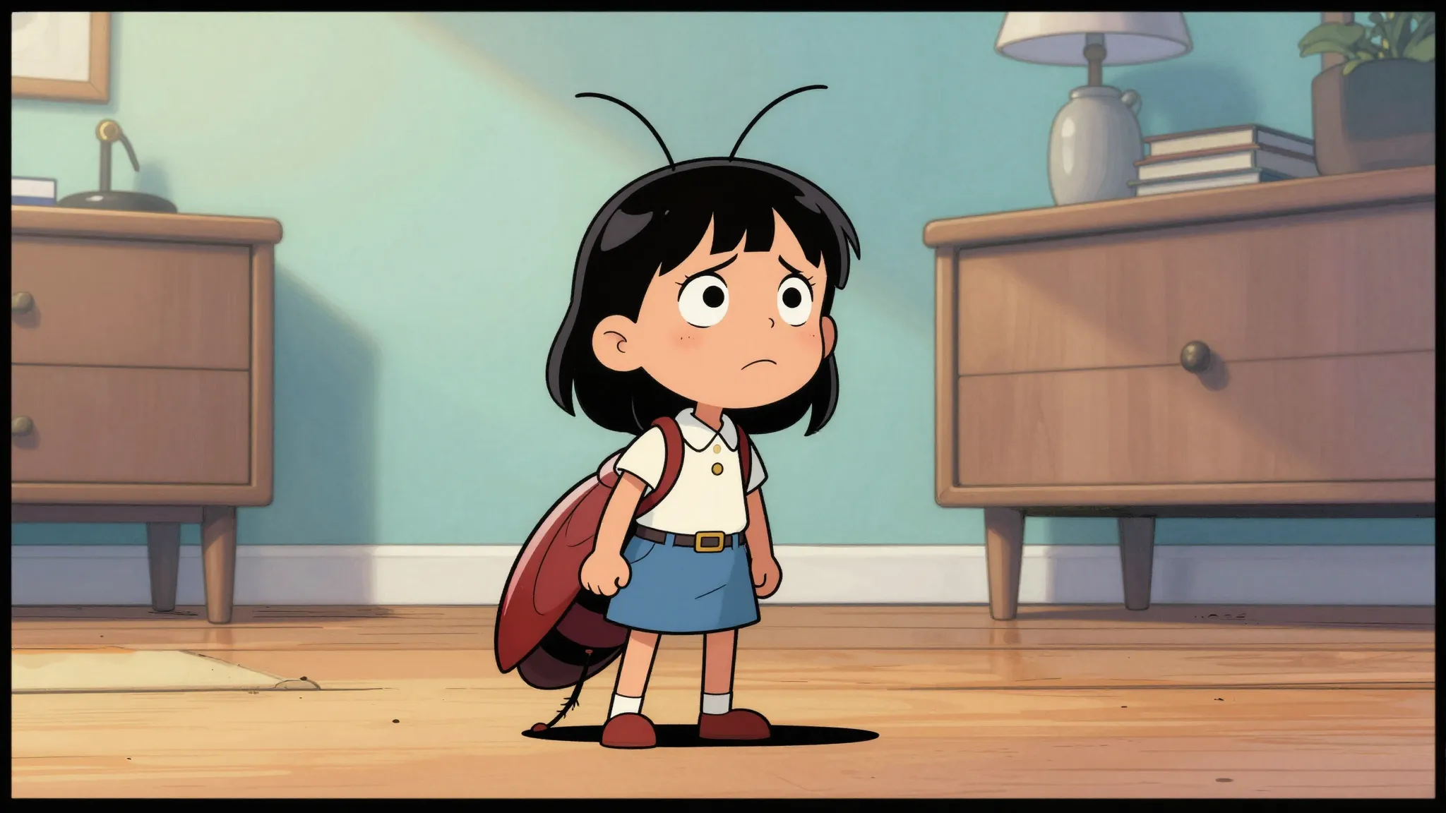 Comic book panel, a tiny girl named Milana the size of a coc...