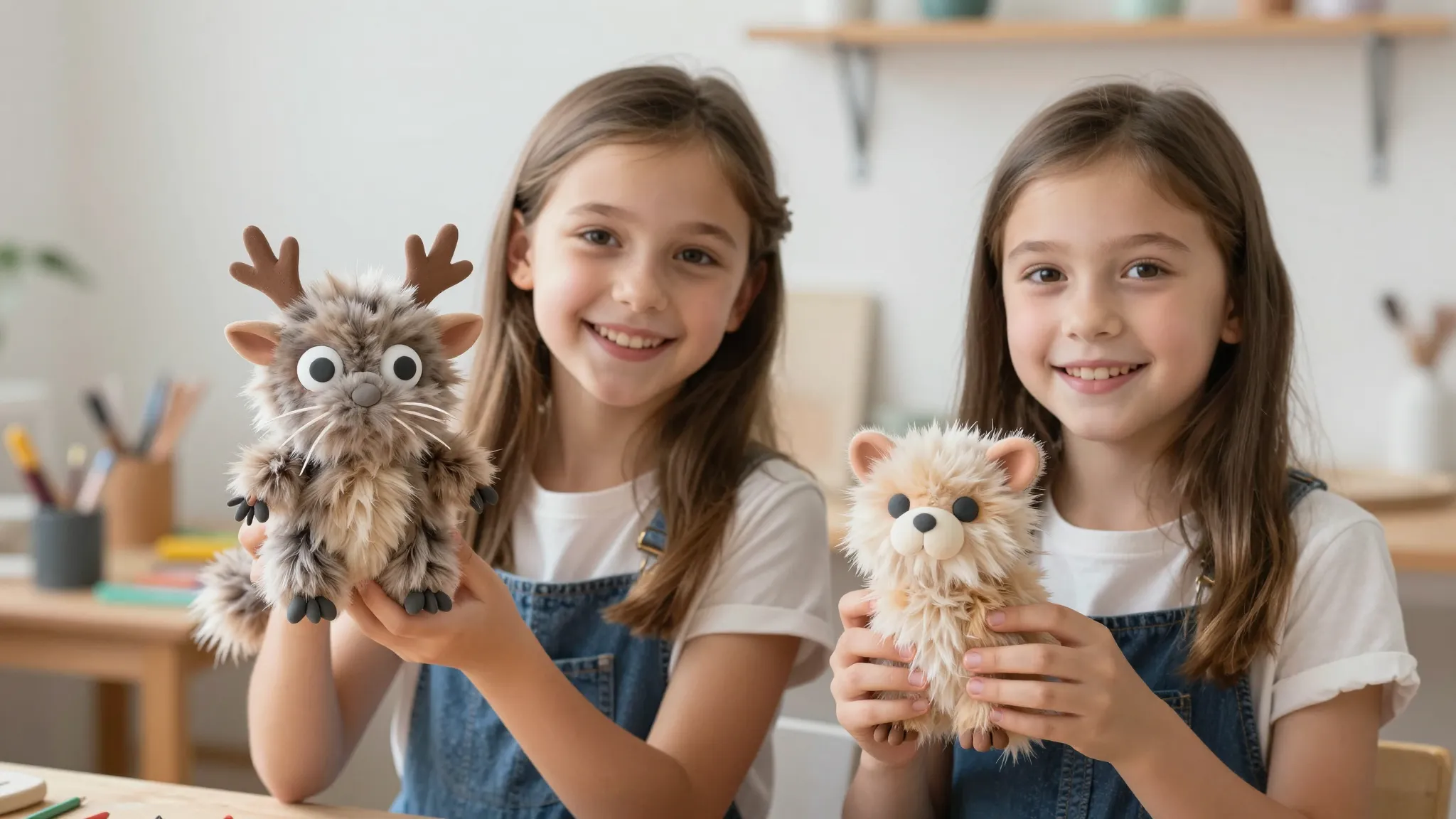 Two young girls, around 8-10 years old, happily showcasing t...