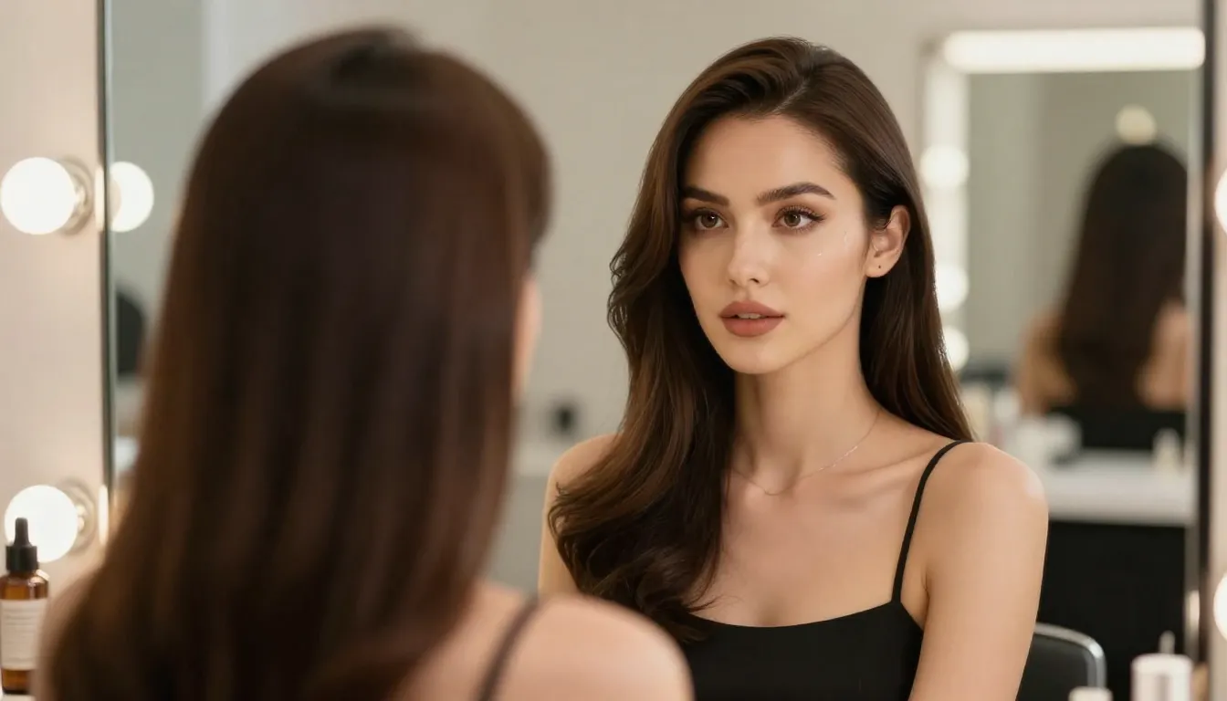 A stylish woman with glowing skin and perfect hair looking i...