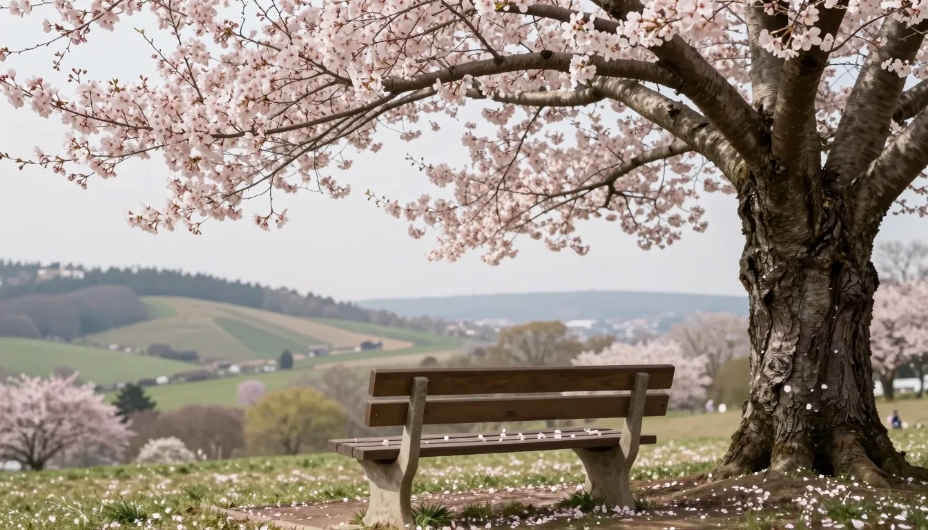 A cozy wooden bench under a massive blooming cherry tree, sc...