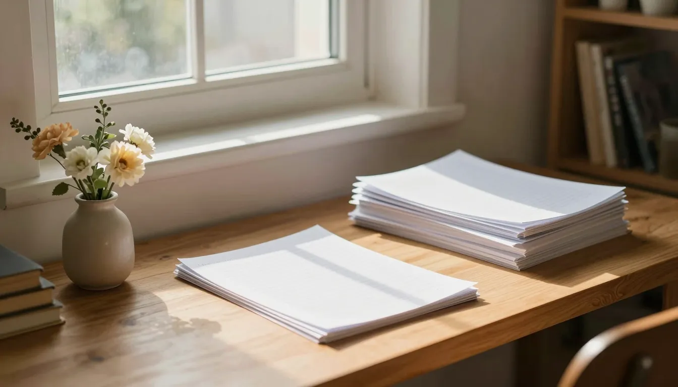 A cozy writing corner with a wooden desk, a stack of paper, ...