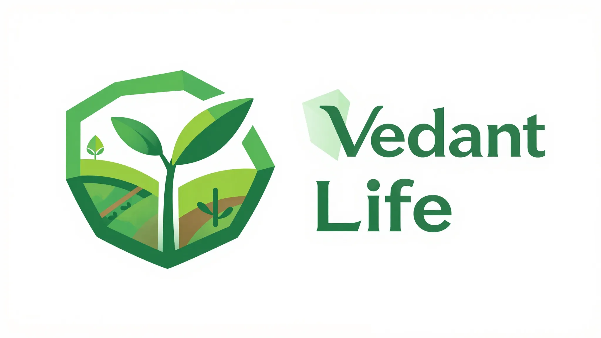 Modern emblem for 'Vedant Life' farm. A geometric representa...