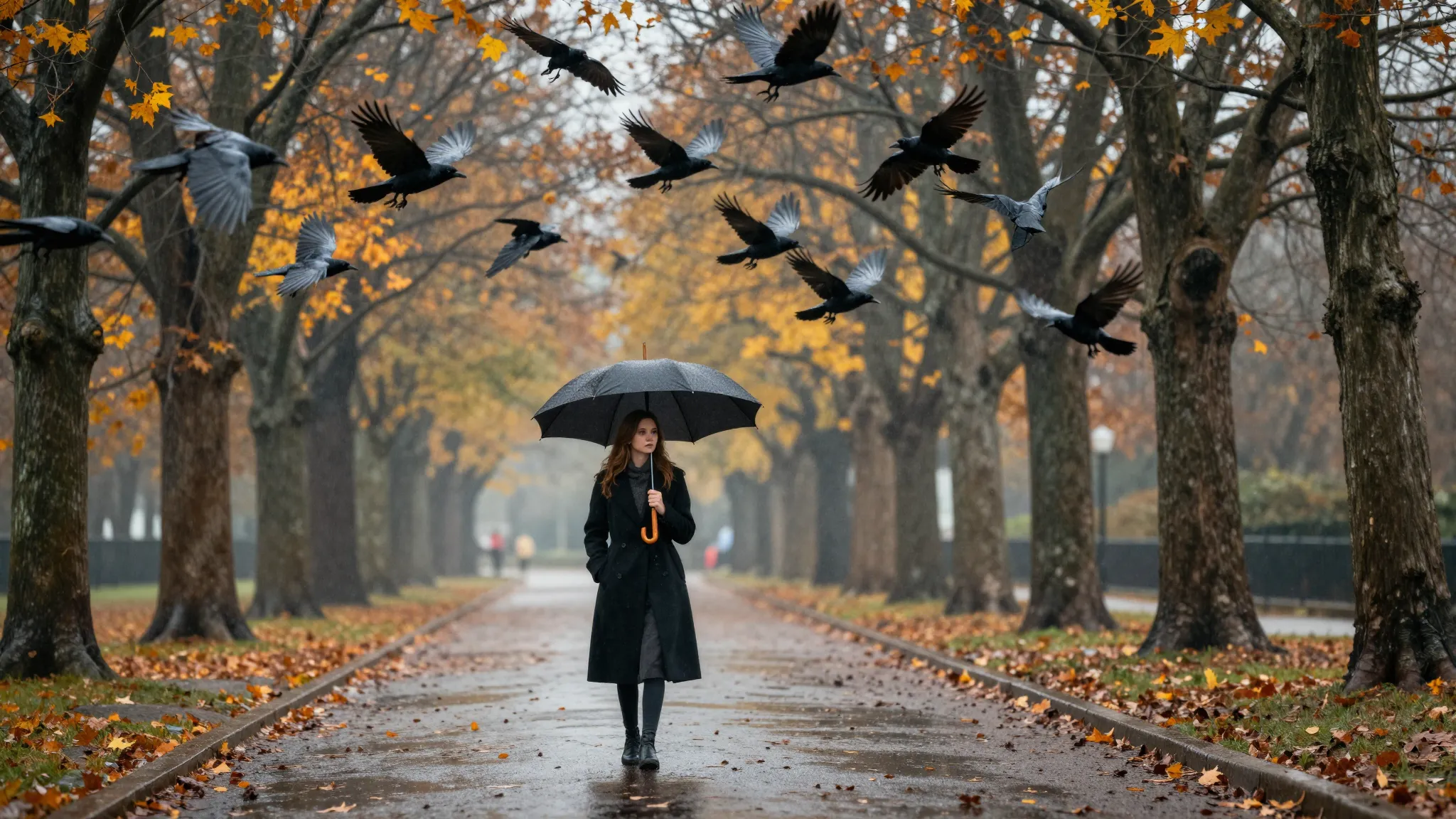 Full body shot of a girl in an elegant long coat with an umb...