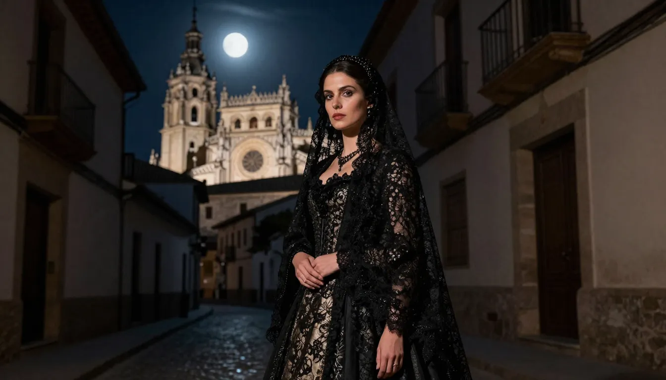 A beautiful Spanish noblewoman in a black lace mantilla stan...
