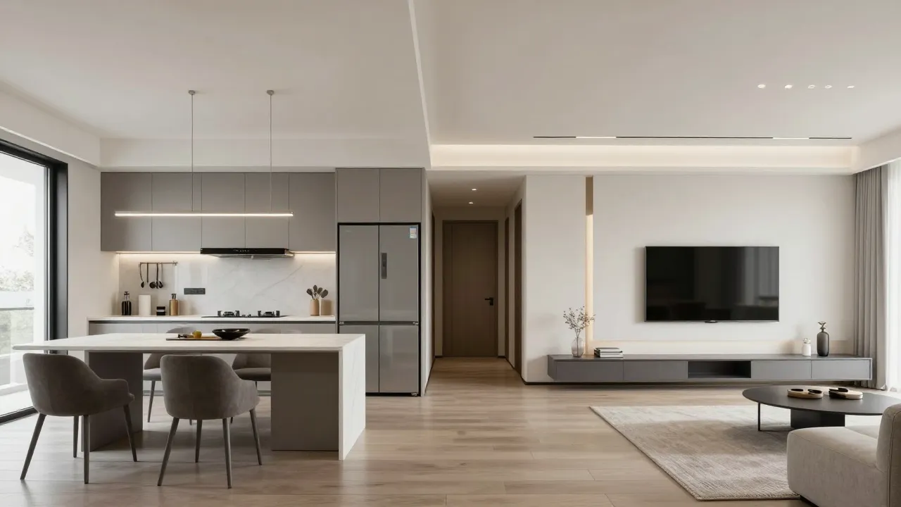 Modern apartment interior, open plan kitchen and living room...