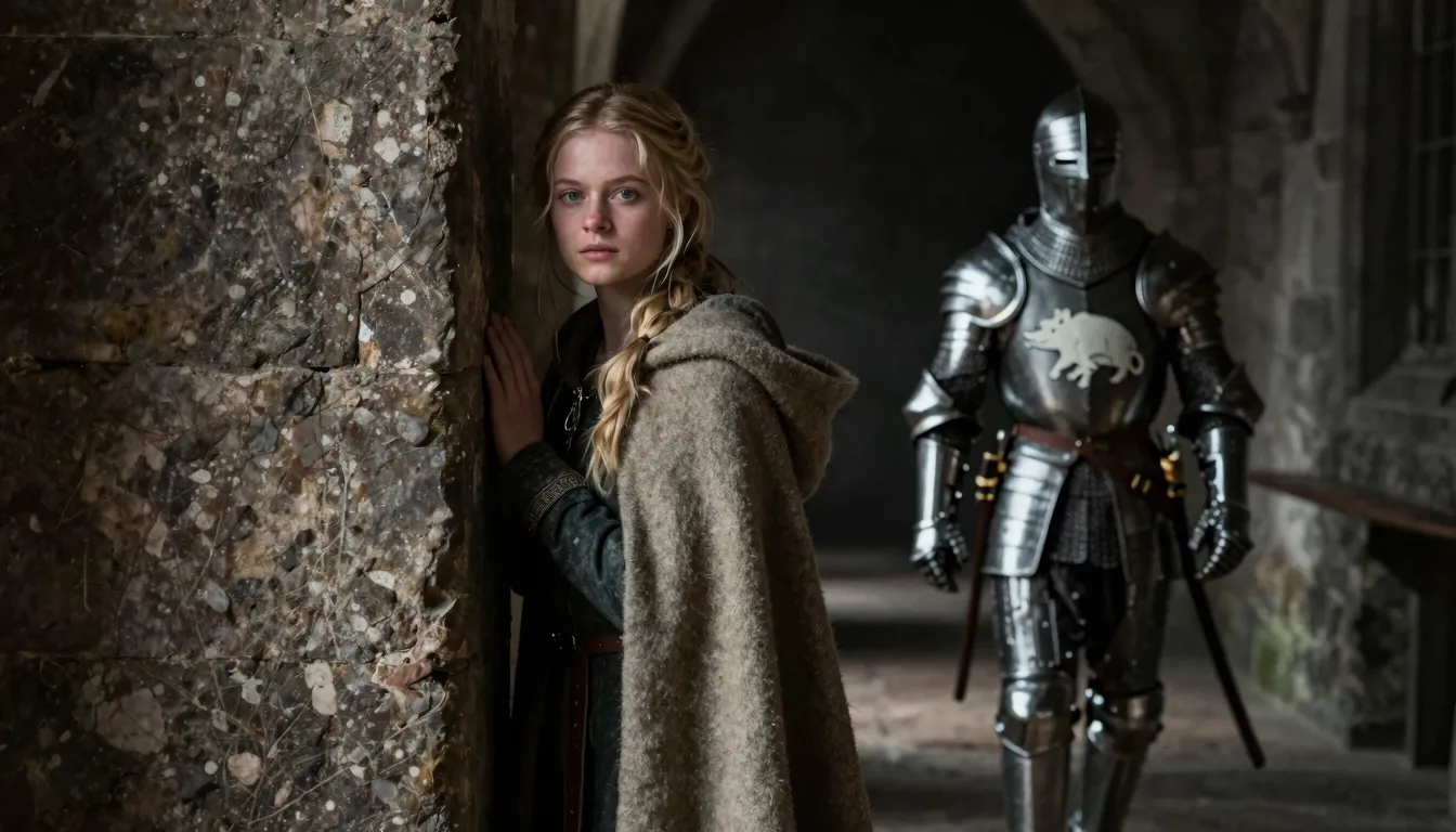 A young medieval woman with blonde hair wearing a simple woo...