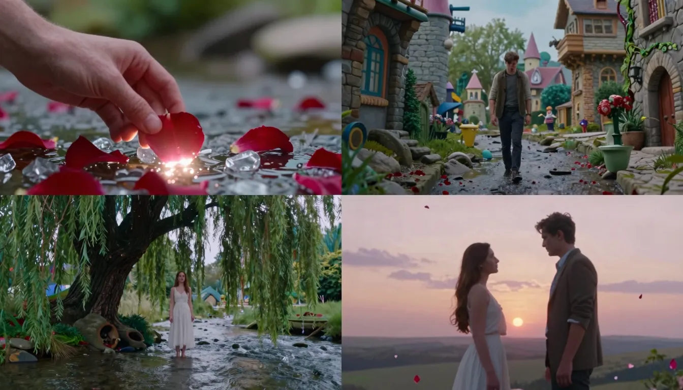 Cinematic storytelling sequence, split screen or montage: 1....