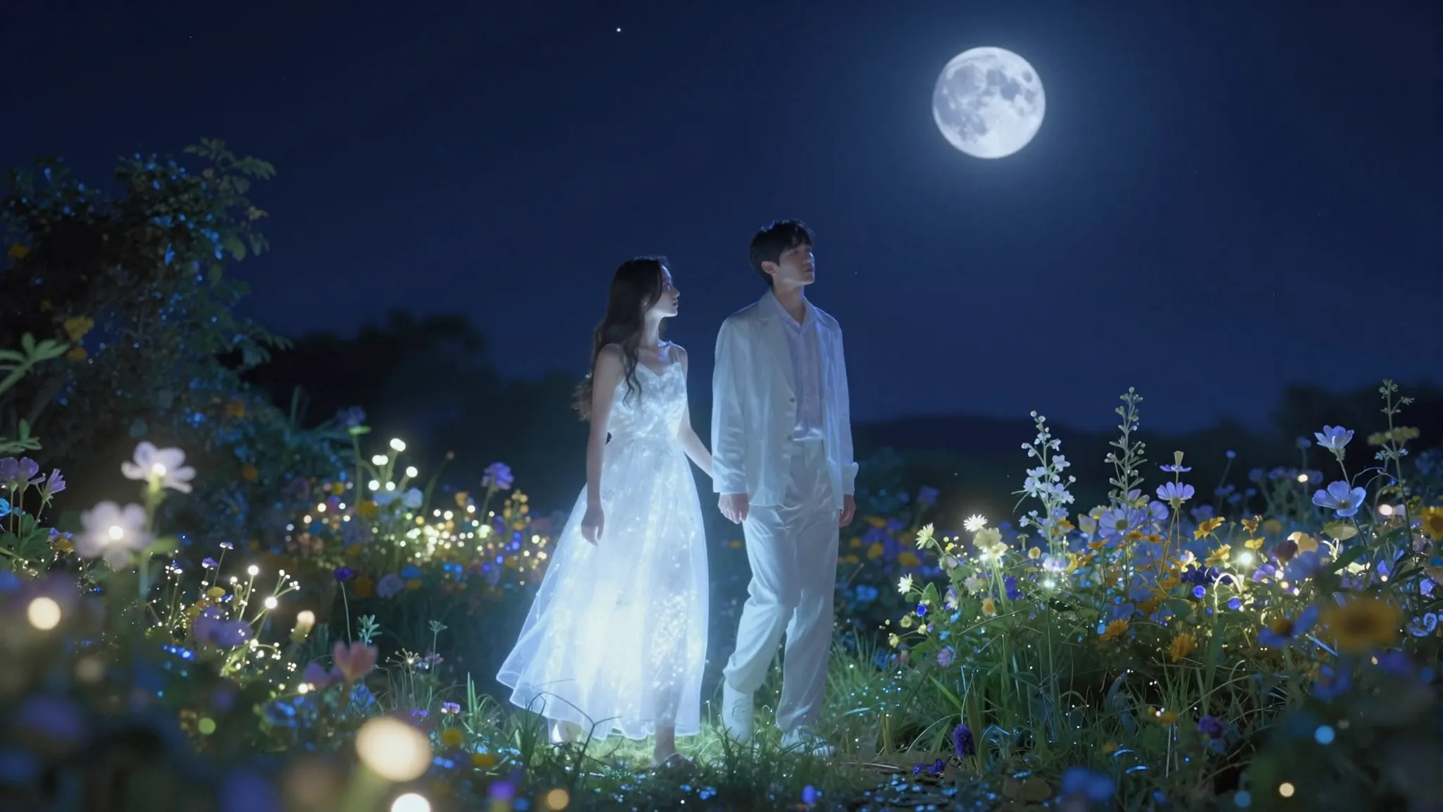 A surreal, romantic scene of a man and a woman made of moonl...