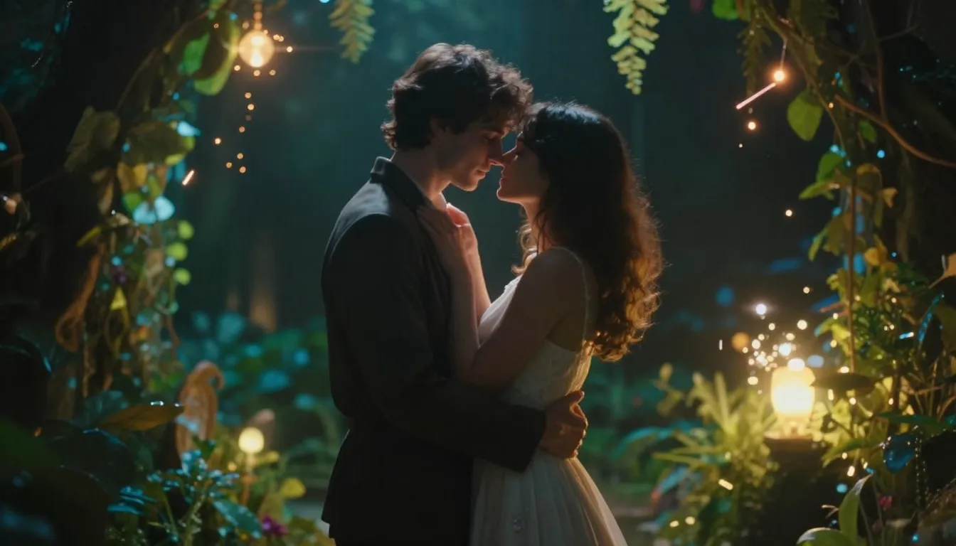 A romantic couple in a mystical glowing garden, ethereal lig...