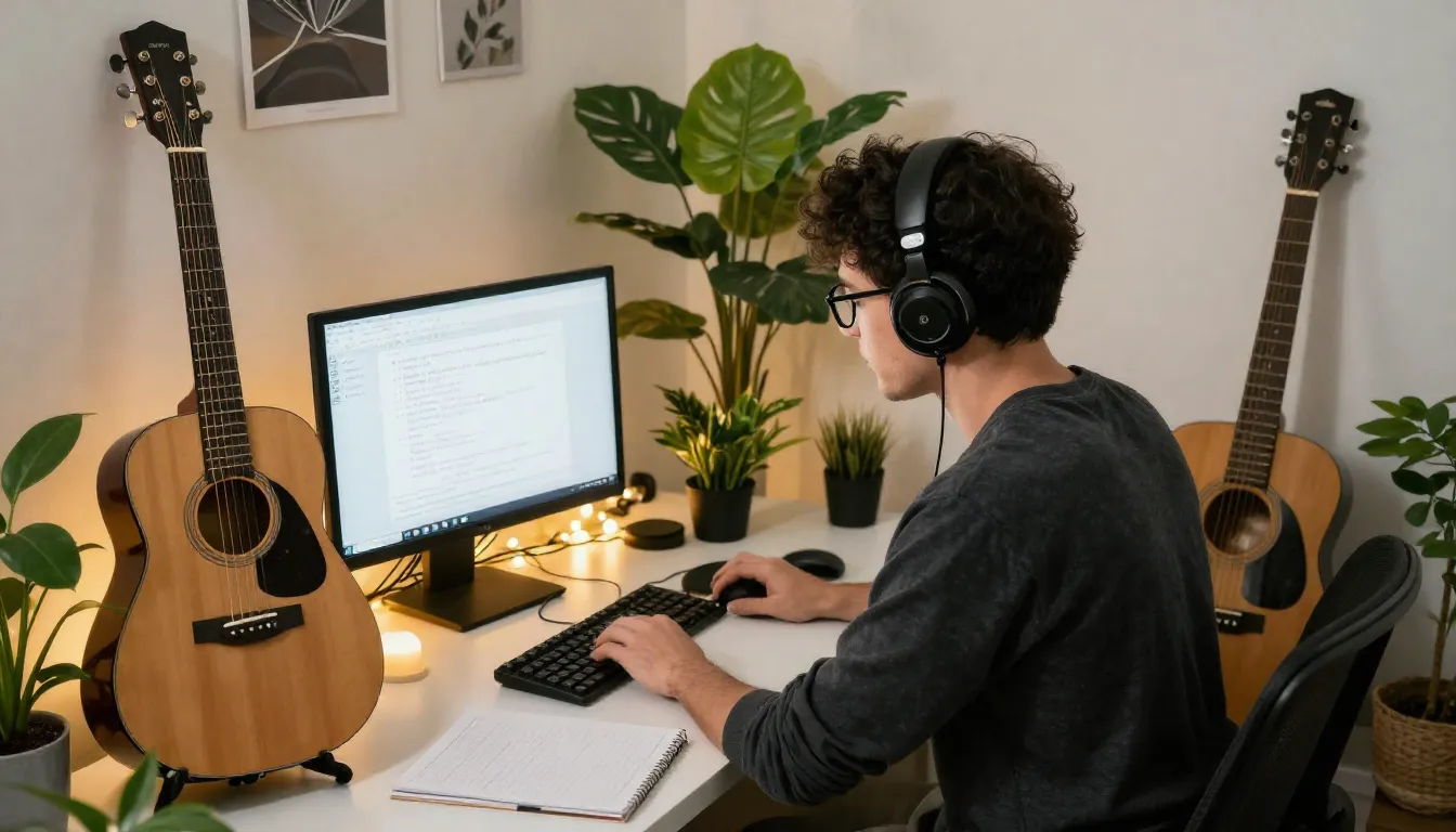 A creative freelancer working at a desk with a guitar nearby...