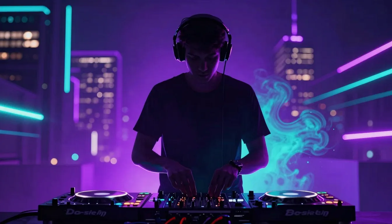 Vibrant music poster, silhouette of a DJ at the decks, neon ...