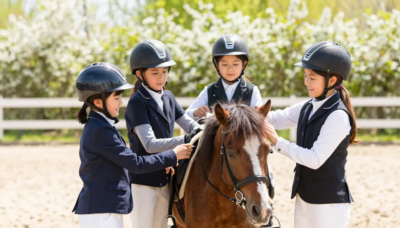 Group of happy children in riding helmets learning to groom ...