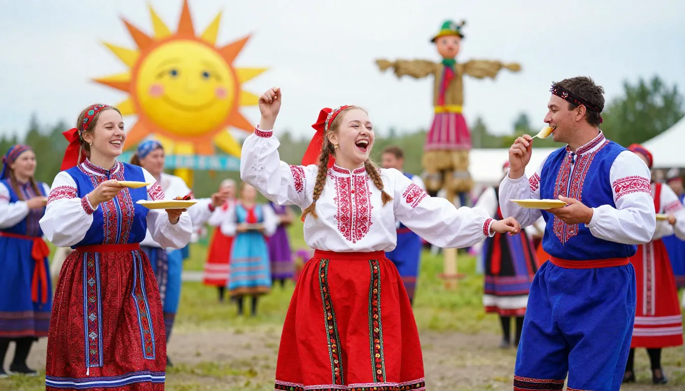 A vibrant and energetic video still of a Maslenitsa celebrat...