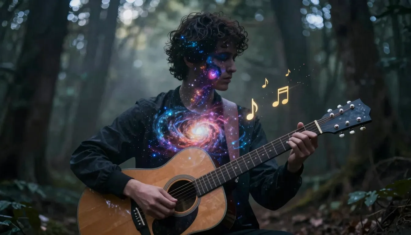 A double exposure image of an acoustic guitar and a human so...