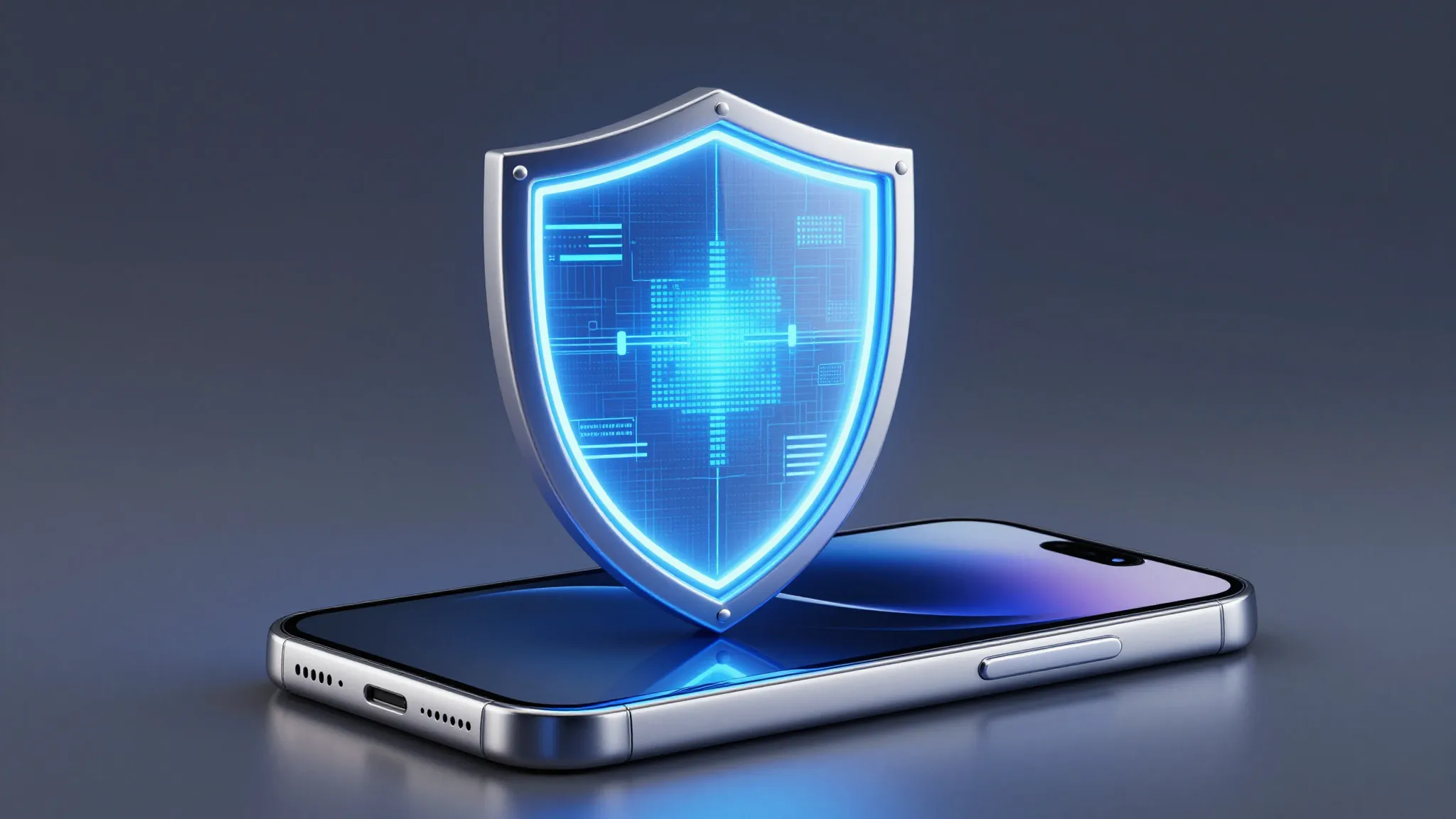 A high-quality 3D render of a digital shield protecting a sm...