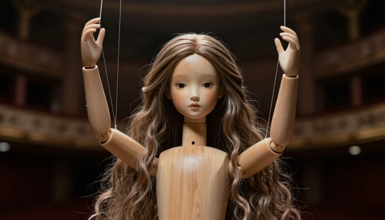 Portrait of an exquisite doll-like girl with long flowing ha...