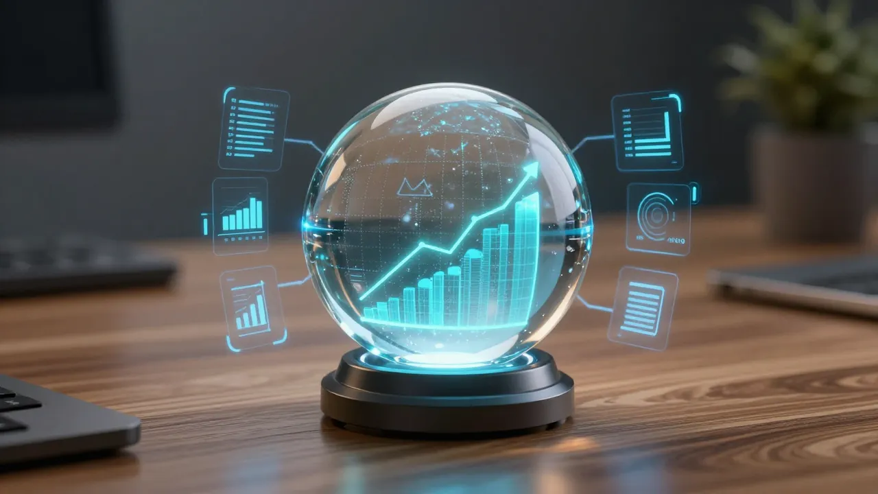 A futuristic crystal ball on a wooden desk showing glowing d...