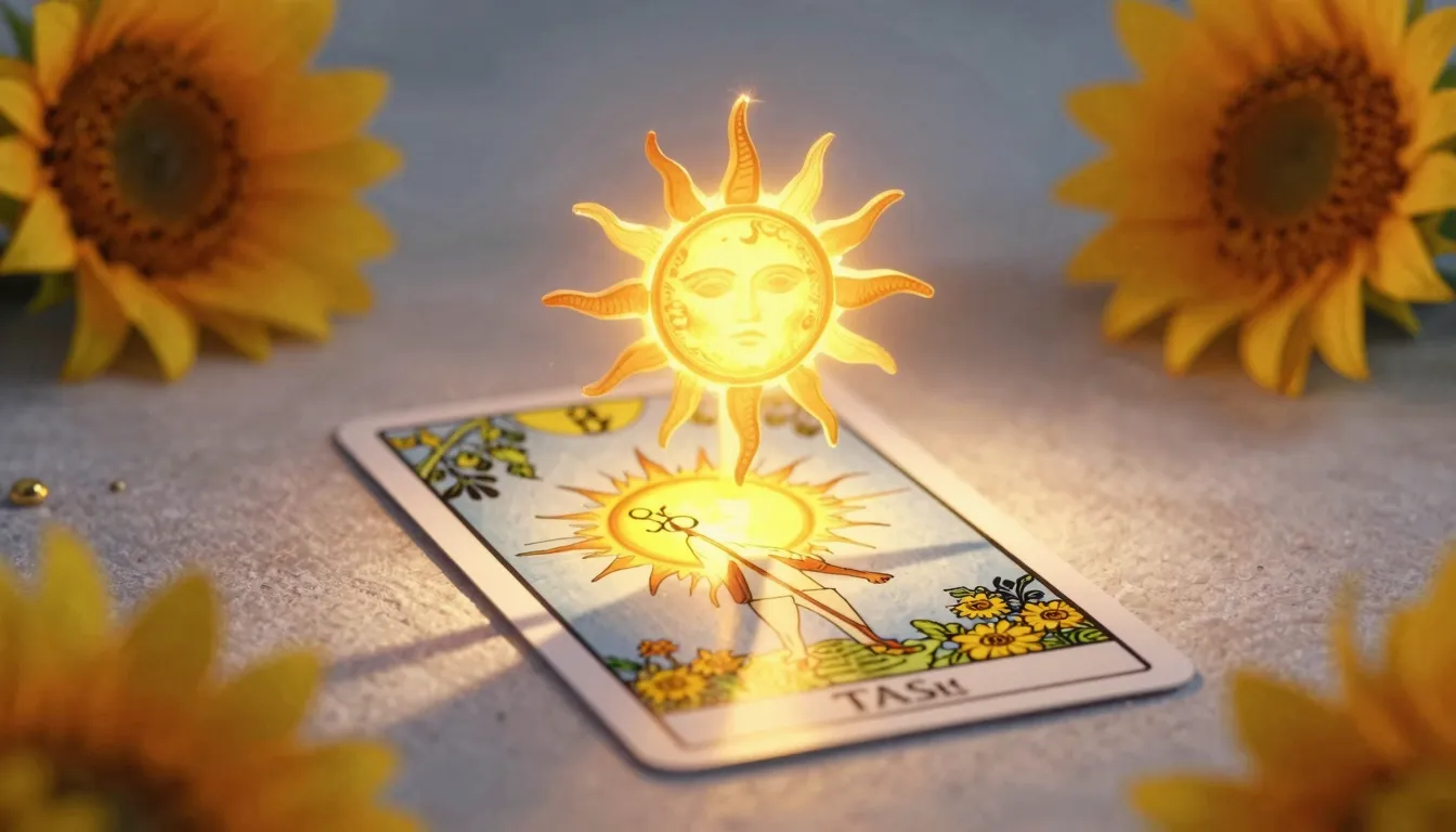 A magical Tarot card 'The Sun' on a table, where a miniature...