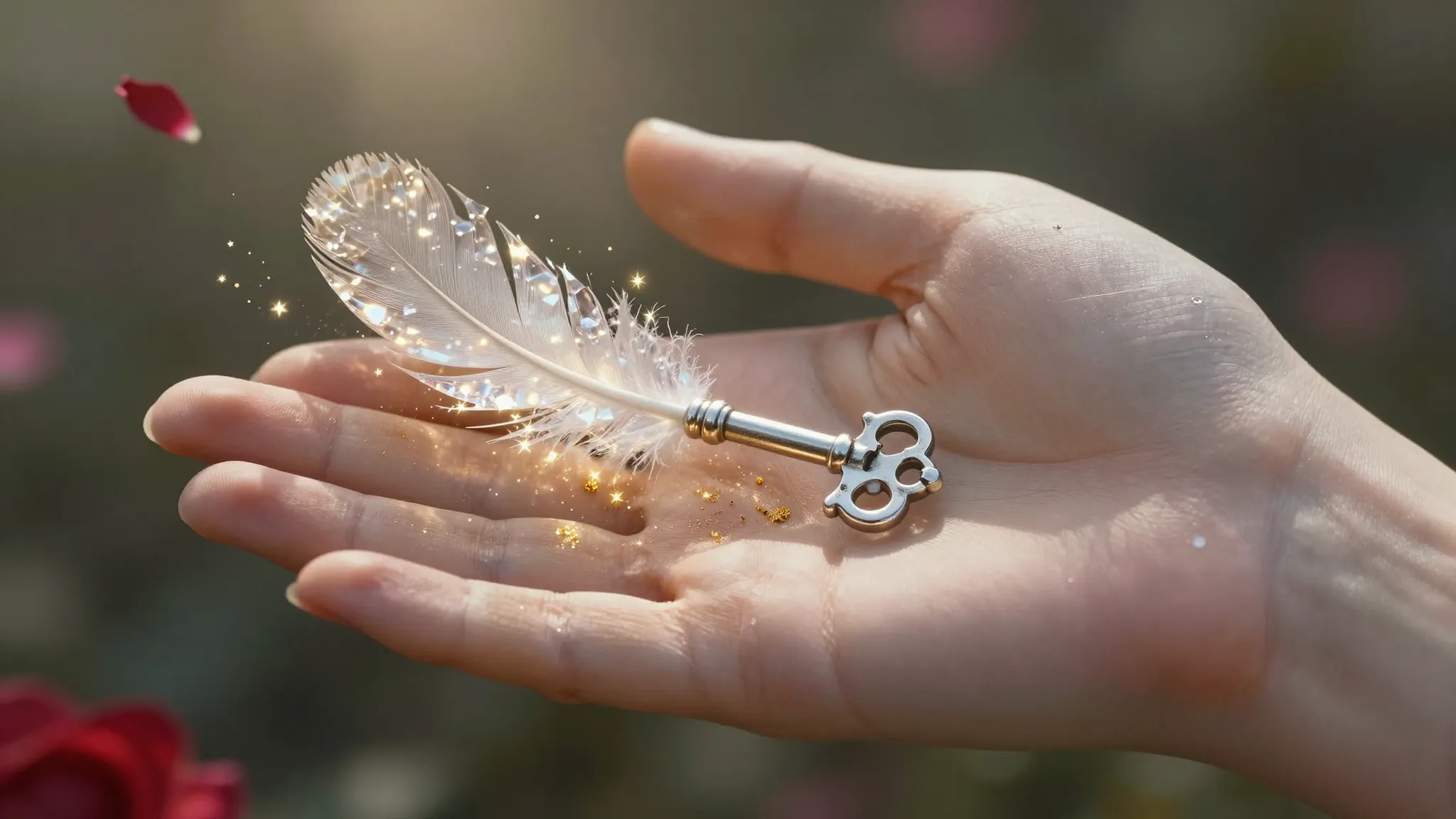 Close-up of a woman's palm where a glowing crystal feather i...