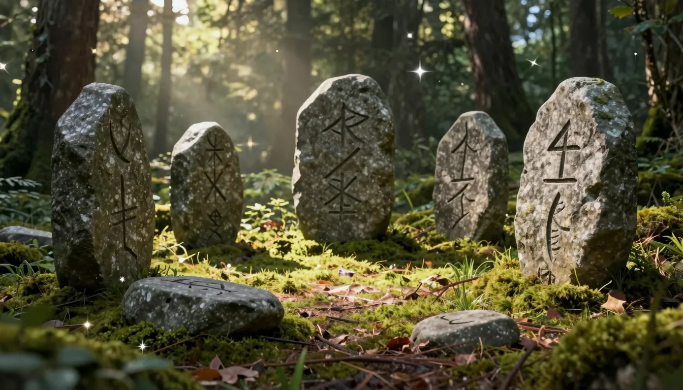 A collection of ancient stone runes scattered on a mossy for...